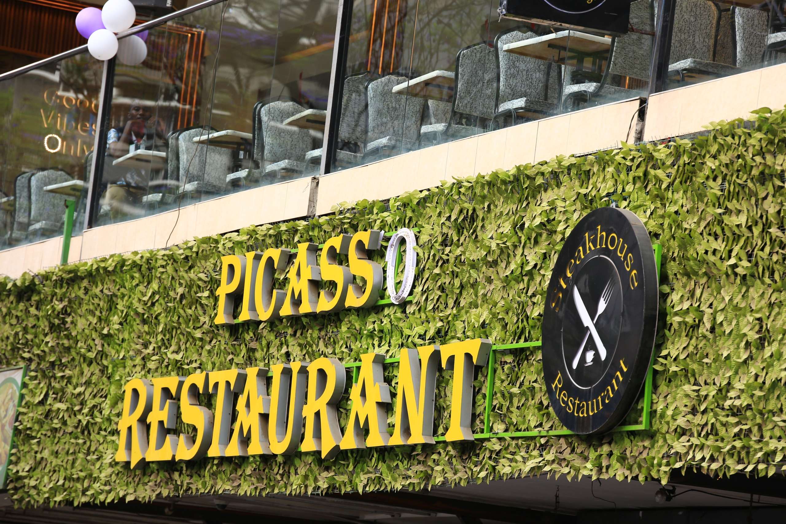 Close up of exterior signage view of Picasso Steakhouse & Restaurants in Nairobi